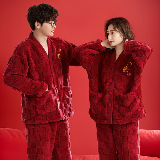 Purple flower language wedding couple pajamas thickened red pajamas autumn and winter animal year pajamas men and women home wear women's XL