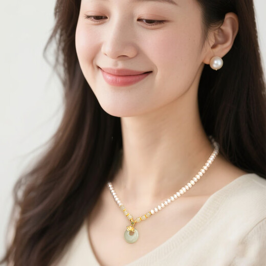 Zhen Shang Silver Chinese Gold Pearl Silver Necklace Women's Peace Button Jade Pendant Mom Mother's Birthday Christmas Gift for Wife