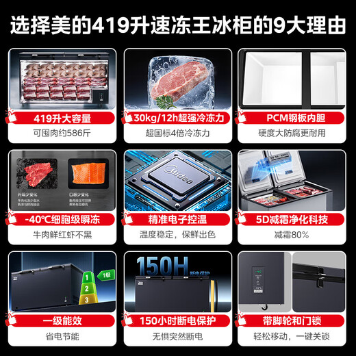 Midea (Midea) 500 liters and above freezer commercial large-capacity double-door horizontal freezer deep-freezing quick-freezer large seafood special cabinet frozen meat quick-freezing cabinet tea cabinet fruit refrigerator 419 liters newly upgraded frost reduction and odor-free -40 quick freezing
