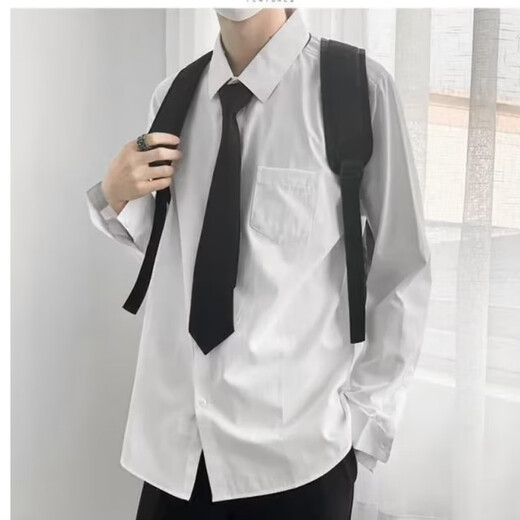 Tang Dynastie weißes langärmeliges Hemd Herrenmodete Brand Street-gebratenes trendy loses farbiges Hemd für kostenlose Krawattenpaar Outfit DK Uniform Weiß (Krawattengeschenk) XL