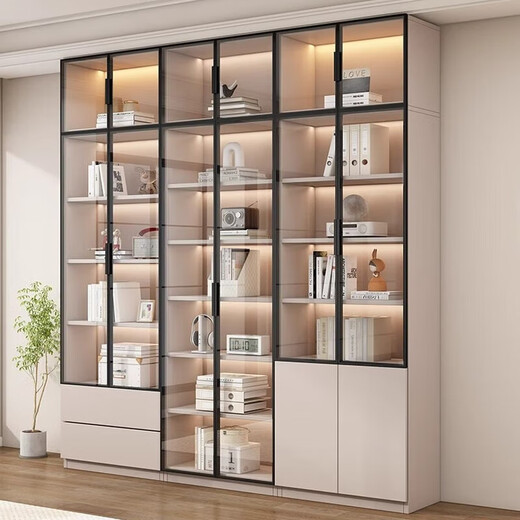 Melan bookcase with glass door display wine cabinet home living room hand-made integrated wall to top bookshelf solid wood walnut color 40 single door walnut color installation included standard version delivered to the home
