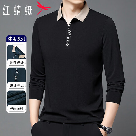 RED DRAGONFLY long-sleeved T-shirt men's business casual fashion versatile comfortable color-blocked POLO shirt comfortable men's top black 2XL