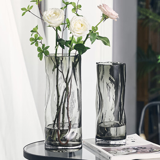 Love has been filled with sugar glass art vase pleated gray 25cm light luxury living room ornaments hydroponic container fake flowers birthday gift vase