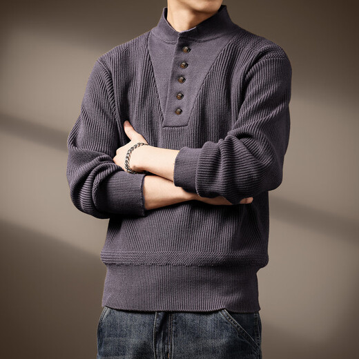 Noble color high-end American tough guy handsome Henry collar sweater for men in autumn thickened and warm retro heavyweight dark khaki gray S suitable for 90-110 Jin Jin equals 0.5 kg
