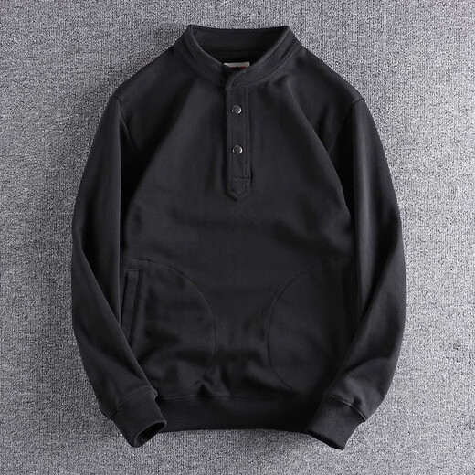 Kuraishi Kazuki trendy American retro loose heavyweight sweatshirt men's autumn and winter high-end hooded Henley bottoming shirt top black XL