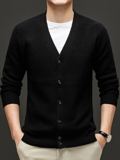 NOSSKISS international luxury brand high-end pure wool sweater men's cardigan autumn and winter V-neck thickened warm sweater jacket black gray M 170 suitable for 120-135 Jin Jin equals 0.5 kg one size