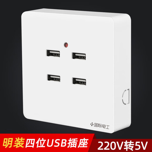 International Electrician Type 86 surface-mounted USB socket 220V open-wire four-port USB mobile phone charging 36V to 5V wall plug surface-mounted 4-position USB (220V to 5V)