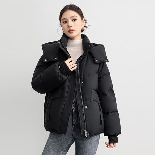 Flying in the snow short down jacket for women 2025 winter new hooded casual thickened warm 90 velvet jacket trendy black XS
