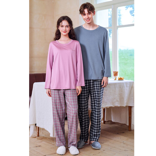 American Standard New Long Sleeve Couples Pure Cotton Pajamas for Women Spring and Autumn Simple Casual Plaid Cotton Wearable Outerwear Home Clothing Suit for Men Edelweiss Blue 3XL