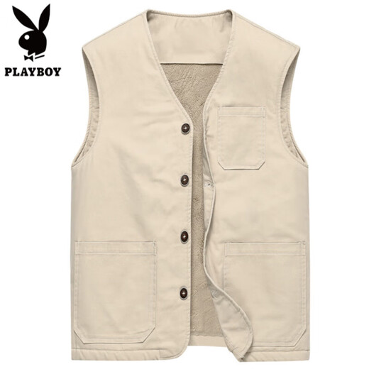 花花公子高端纯棉马甲男秋冬加绒加厚中老年男士无领马夹宽松背心大码坎肩 米白色 M 【90-105斤】