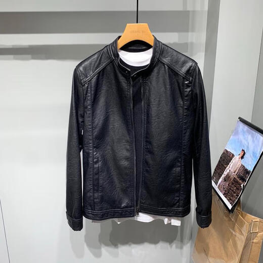 Motorcycle leather jacket for young men spring new Korean version trendy slim and handsome versatile stand-up collar riding leather jacket black XL XL recommended weight 115-130Jin Jin equals 0.5 kg