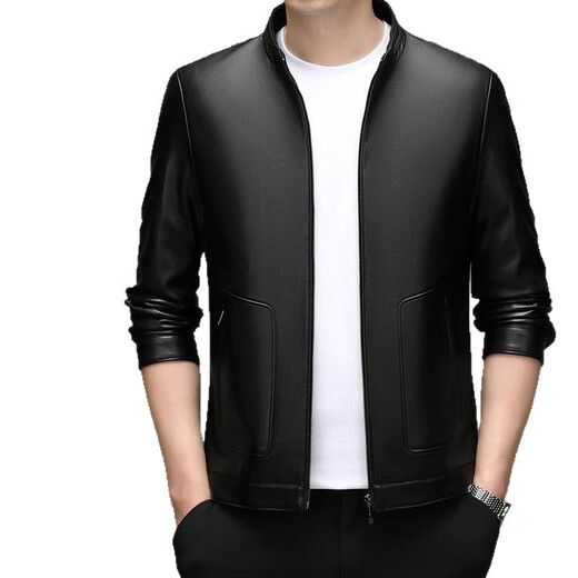 Goldlion brand spring, autumn and winter new men's Haining leather jacket business stand collar fashion middle-aged trendy leather jacket khaki 3XL 190