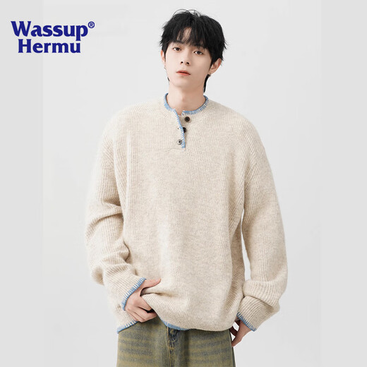 WASSUP HERMU official sweater men's autumn and winter retro atmosphere sweater niche design Henry collar lazy top jacket apricot L (recommended 130-150Jin Jin equals 0.5 kg)