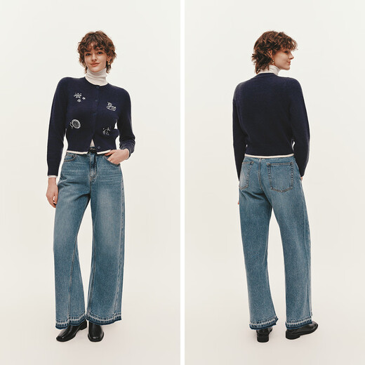 Semir Chen Turin Knitted Cardigan Women's Small Loose Short Round Neck Sweater 2025 Winter New Pattern Embroidered Right Shoulder Sweater Blue Tone 00388 L