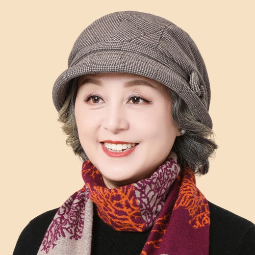 Changyin middle-aged and elderly mothers and ladies autumn and winter style woolen basin hat cotton hat grandma old lady warm winter hat fisherman hat khaki plaid bird style