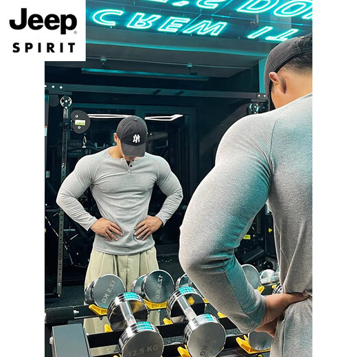 JEEP SPIRIT American Henry shirt long-sleeved T-shirt men's autumn and winter tough guy fitness training showing muscle sports sweatshirt inner layering shirt light gray S (suitable) 85-100Jin Jin equals 0.5 kg