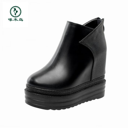 Woodpecker's new genuine leather Martin boots 12 thick-soled wedge short boots ultra-high heels platform women's boots with increased height and velvet naked boots black (heel height 14 cm single mile) 35