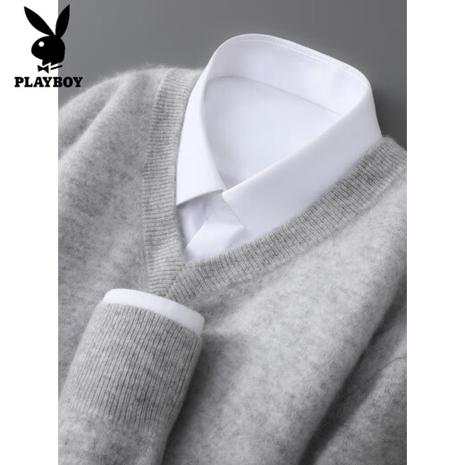 Playboy brand autumn and winter woolen sweater for men, V-neck long-sleeved business casual sweater with loose knitted bottoming cashmere sweater, raw cashmere rice S 100-120Jin Jin is equal to 0.5 kg