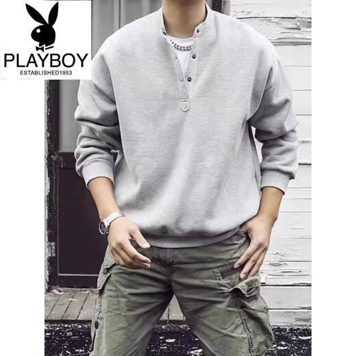 Playboy (PLAYBOY) Japanese retro autumn and winter men's Henry collar long-sleeved bottoming shirt casual loose pullover sweatshirt thickened large size men's trendy gray model high quality regular M
