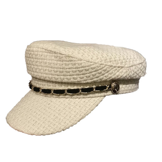 Wine Style Senior Japanese Autumn and Winter New British Flat Top Navy Hat Women's Retro Fashion Chain Peaked Hat Korean Style Octagonal Beret Black M (56-58cm)