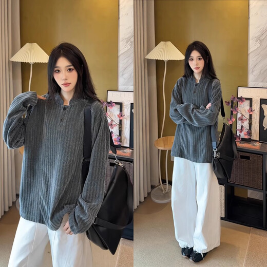 Mo Xiaoxiao herringbone pattern American Henry collar sweatshirt men's autumn heavy houndstooth long-sleeved T-shirt polo inner layering shirt black men's L recommended 105-120Jin Jin equals 0.5 kg