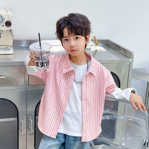 Boys' long-sleeved summer fake two-piece shirt new lapel cardigan medium and large children's trendy striped top shirt 216 fake two-piece shirt red Haozhiyuan top 160 cm