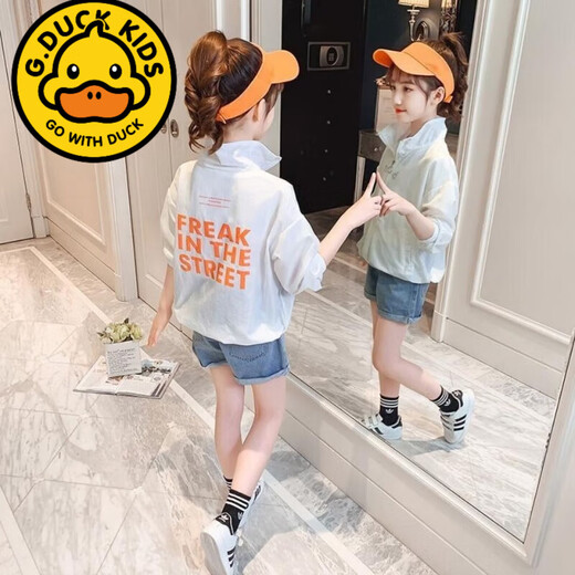 G.duck summer women's clothing, girls' sun protection clothing, summer clothing, new style, medium and large children's summer style, light and thin stand-up collar jacket, trendy white 150 recommended weight 65-80Jin Jin equals 0.5 kg