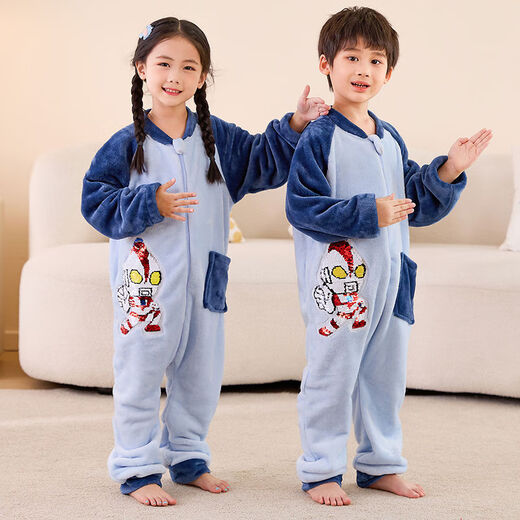 Ultraman men's and large children's flannel one-piece pajamas autumn and winter thickened boy baby children's coral velvet sleeping bag Ultraman men's thin style 125
