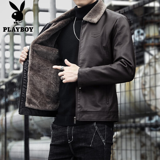 Playboy (PLAYBOY) Haining Haining Leather Men's Autumn and Winter Thickened Warm Jackets Young and Middle-aged Fur Collar Soft Leather Jackets Winter Men's Black Velvet Thickened L Recommended 115-130 Jin Jin equals 0.5 kg