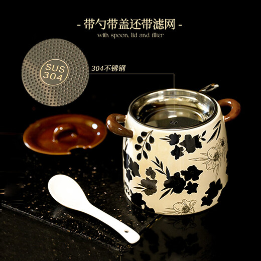 Sanmu Qinghe high-end ceramic lard oil tank large capacity high temperature resistant chili oil special tank national style storage tank household food grade ceramic cream white matching spoon + filter 1.2L