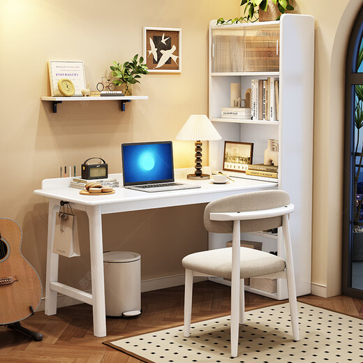 Huixun solid wood corner desk bookshelf integrated desk bedroom corner computer desk bookcase combination writing desk home desk walnut color #desk + bookshelf 100cm*60cm*160cm total length 124cm