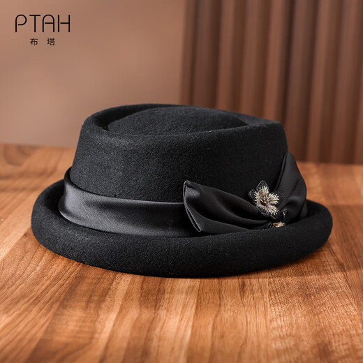 PTAH Hat Women's Autumn and Winter Handmade Flower Hat Beret Warm Wool Felt Hat Versatile Fashion Retro Black
