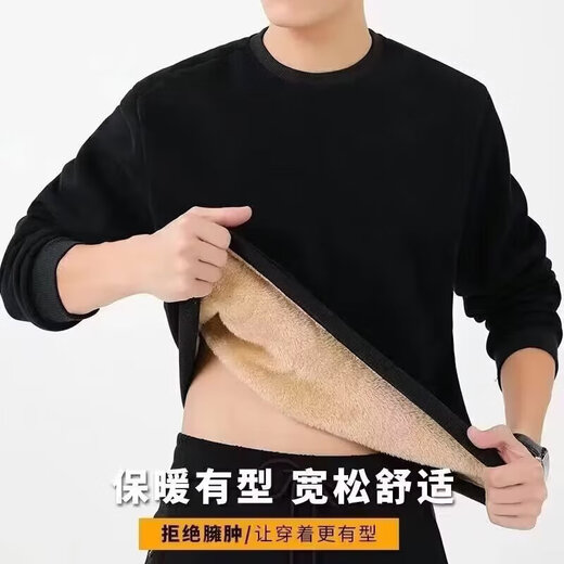 Sheep wool thickened round neck sweatshirt for men in autumn and winter, loose large size warm base shirt jacket, new clothing D80/black XL