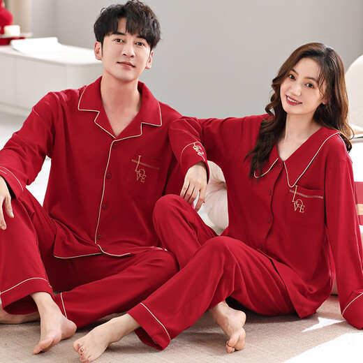 Cat Couple Pajamas Women's Pure Cotton Zodiac Year Red Festive Autumn and Winter Wedding Suits Men's Home Clothes Daily Good Dreams Pure Cotton Comfortable Happy Red 3XL Men's Recommended 180-200 Jin Jin equals 0.5 kg