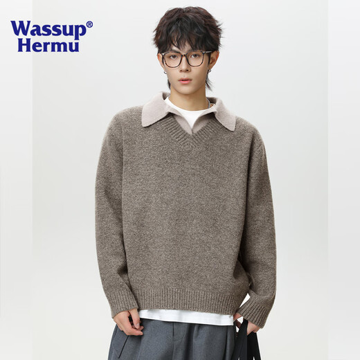 WASSUP HERMU official pullover men's autumn and winter old money style fake two-piece polo collar sweater warm jacket Swire Gray XL (recommended 135-155Jin Jin equals 0.5kg)