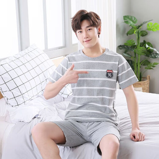 
Mu Fengqing summer men's pajamas cotton plus fat plus size new men's summer home clothes short-sleeved youth Korean style thin half-sleeved 9928# [short-sleeved shorts] L [90-125Jin [Jin equals 0.5 kg]]
