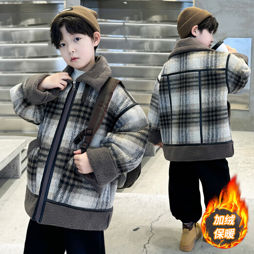 Monkey Brother Boy's Velvet Jacket Autumn and Winter Clothing Medium and Large Children's Western Style Mid-Length Woolen Coat Boys' Winter Clothing Thickened Top Picture Color 150