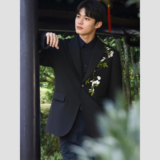 DK high-end men's new Chinese style national style embroidered suit suit male groom wedding dress suit jacket business suit black jacket + pants XS (100-120Jin Jin equals 0.5 kg)