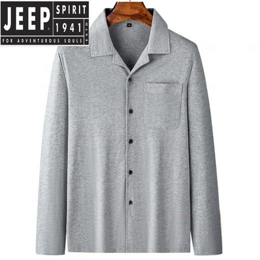 Jeep Spirit Daddy Langarm Shirt Herrenhemd dünne Mittelalter der Mittelung des Mittelalters Opa Frühling und Herbst Sommer-Strickjacke T-Shirt Dunkelgrau reines Baumwoll-Lappel M1342 L 110-130Jin [Jin ist gleich 0,5 kg]