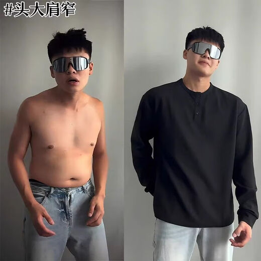 Cotton Snow Black American Henley Collar Long Sleeve T-Shirt Men's Autumn Thin Waffle Sweatshirt High-end Bottoming Shirt Black 2XL 170CM-180CM