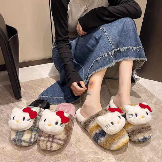 Girls indoor home slippers, winter fashionable cute cat fur shoes, warm non-slip cartoon cotton slippers for women, purple plaid-KT cat cotton slippers 37.5 38-39 size (suitable for 37-38)