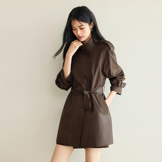 Eveli (eifini) Jiang Xin endorses Eveli stand-up collar design double-breasted imitation leather mid-length glossy windbreaker 2025 autumn new style coffee mid-length S