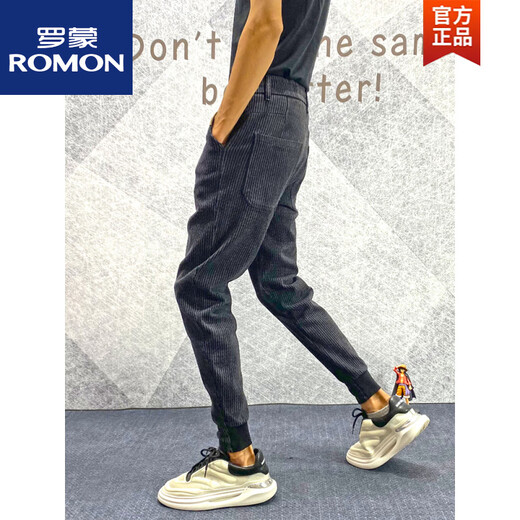 
ROMON jeans men's autumn and winter new style striped slim fit plus velvet thickened small feet trendy stretch sports casual pants men black W6623 28