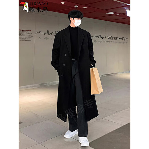 Woodpecker Windbreaker Jacket Men's Autumn and Winter 2025 New Korean Style Versatile Loose Off-Shoulder Mid-Length Over-the-Knee Thickened Woolen Coat Black Regular Style L Recommended 125-140 Jin Jin equals 0.5 kg