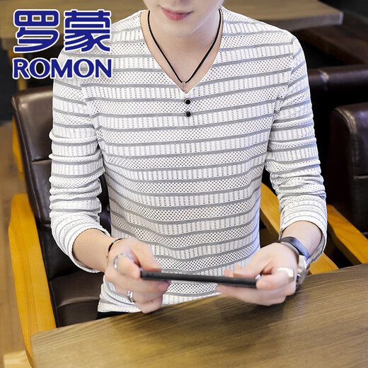 罗蒙（ROMON）春夏装青年t恤男V领长袖薄款夏秋衣韩版潮流帅气卫衣春夏季上衣服 6188黑色 XL