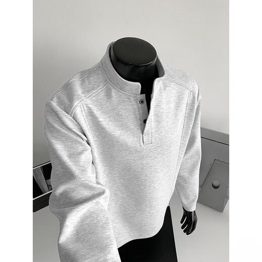 Introducing Henry collar, right shoulder, composite heavyweight long-sleeved T-shirt for men, autumn loose large size casual bottoming shirt, boys' clothes, white gray 4XL
