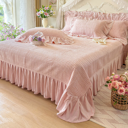 Yalu Korean lace baby velvet bed skirt four-piece set winter double-sided milk velvet warm bed sheet quilt cover three-piece set Chanel Garden-Pink Jade bed cover 1.5m four-piece set