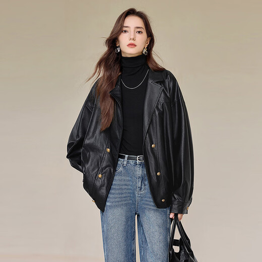 她池帅气PU皮机车夹克女2025秋装新款西装领宽松显瘦外套