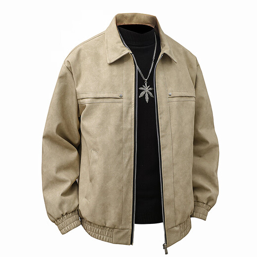 Jeanswest leather jacket men's new autumn and winter thickened velvet warm windproof lapel loose jacket versatile outer coat brown regular XL 145-165Jin Jin equals 0.5 kg