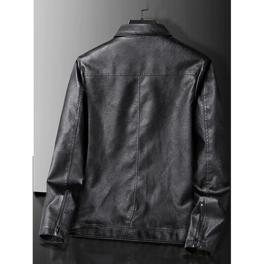 Classic car black leather jacket men's spring and autumn casual lapel trendy handsome jacket plus fat plus size fat man winter coat black regular M